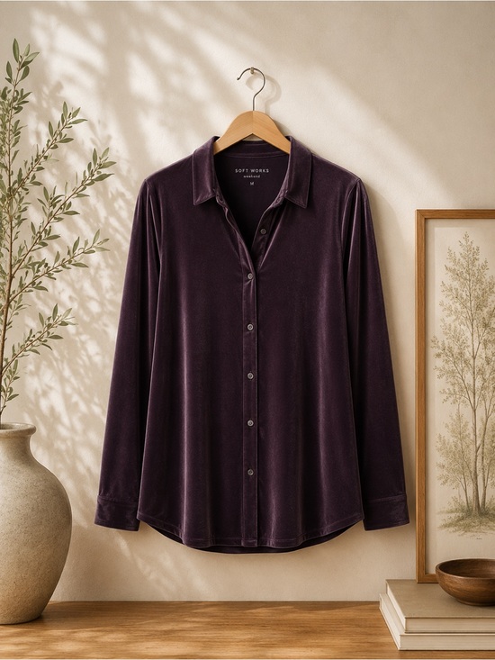 J. Jill Tops - J. Jill Wearever Velvet Button-Front Shirt in Plum